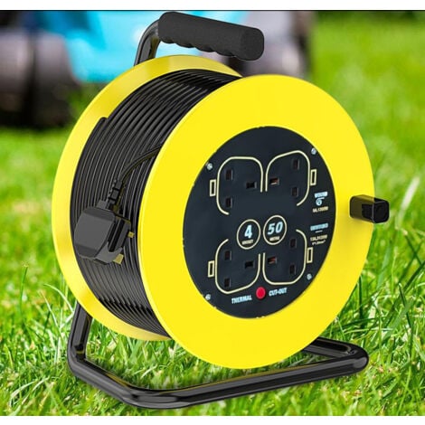 Extension cords,Extension Lead 50m Heavy Duty Cable Reel, 4 Socket Cord Reel UK Plug Socket with Thermal Cut-Out Protection 13A Fused Plug