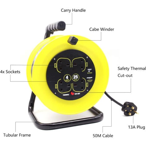 Extension cords,Extension Lead 50m Heavy Duty Cable Reel, 4 Socket Cord Reel UK Plug Socket with Thermal Cut-Out Protection 13A Fused Plug