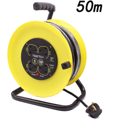 Outdoor switches and sockets, 13A Electrical Extension Reel, 4 Sockets Cable Reel with Winding Handle 1200W/3120W Thermal Cut Out, Heavy-Duty Extension Lead with 50 Metre Extension Cord - Yellow