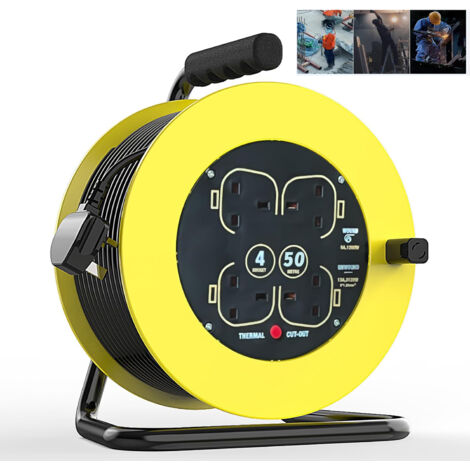 Outdoor switches and sockets, Four Socket Medium Cable Reels Extension leads with Winding Handle, Thermal Cut Out and Power Switch, 50 Metres, High Visibility Cable, Yellow