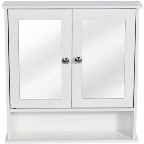 2 Doors Wall Cabinet Bathroom Mirror Cabinet Storage w/Adjustable Shelves, White