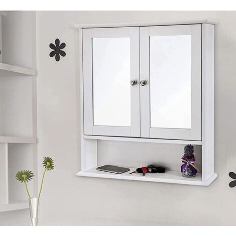 2 Doors Wall Cabinet Bathroom Mirror Cabinet Storage w/Adjustable Shelves, White