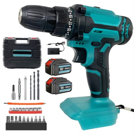 Drills and combi drills, 21V Cordless Drill Driver Screwdriver Set 2-Gear with 25+1 Torque Setting, Safety Lock 3/8" Chuck Drill Driver Kit+2x 5.5A Battery&Charger&Case, Compatible With Makita Battery