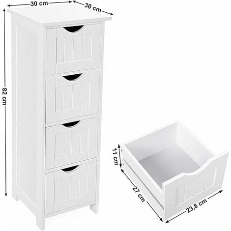 Bathroom Cabinet with 4 Drawers, Chest of Drawers, Bathroom Drawer Cabinet for living room, kitchen and hallway, 30x30x82CM, White