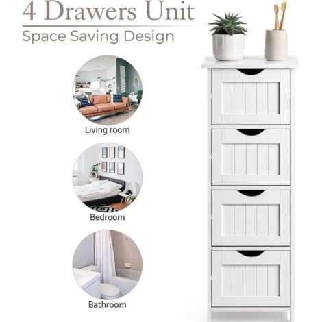 Bathroom Cabinet with 4 Drawers, Chest of Drawers, Bathroom Drawer Cabinet for living room, kitchen and hallway, 30x30x82CM, White