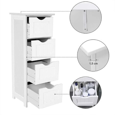 Bathroom Cabinet with 4 Drawers, Chest of Drawers, Bathroom Drawer Cabinet for living room, kitchen and hallway, 30x30x82CM, White