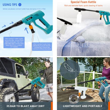 Cordless High Pressure Washer Spray Water Gun Power Jet Wash Car Cleaner + 2x 3.0A Battery +1x Fast Charger,Compatible with Makita Battery