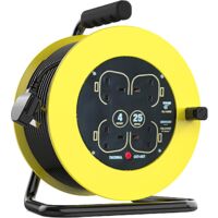Cable reels,Long Extension Cable Lead 25m, 4 Socket Easy-Wind Reel 13A Extension Cable with Thermal Safety Cut-Out Hi-Visibility Cable, Bright Yellow Cable