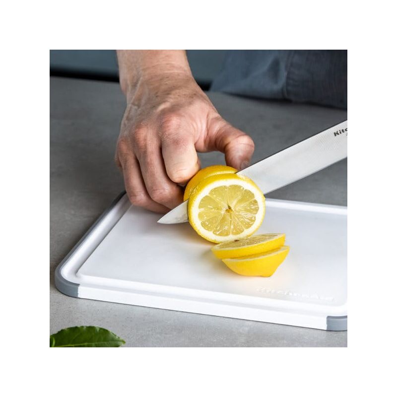 KitchenAid Classic Plastic Cutting Board with Perimeter Trench and Non Slip  Edges, Dishwasher Safe, 12 inch x 18 inch, White and Gray