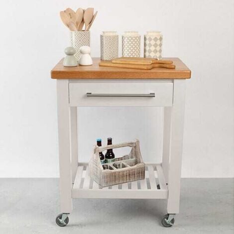 T&G Studio White Hevea With Oak Top Kitchen Trolley Flat Packed