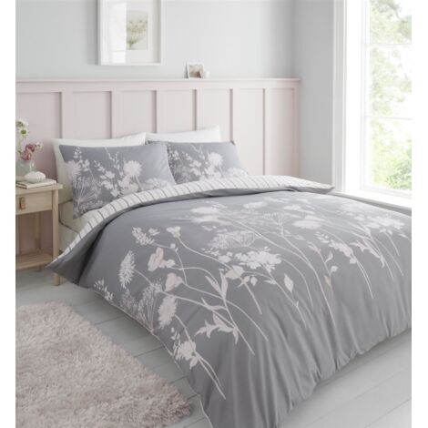 Catherine Lansfield Meadowsweet Floral Grey/Pink Duvet Cover Set Super King Bedding Set