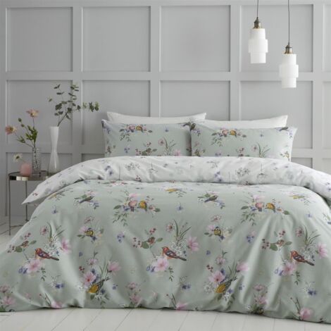 Catherine Lansfield Songbird King Duvet Cover Bedding Bet Set Sage Green Reversible