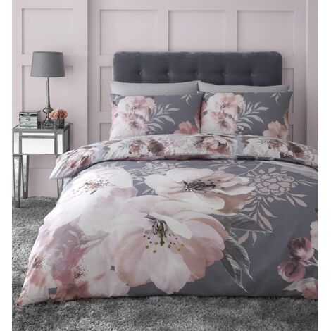 Catherine Lansfield Dramatic Floral Grey Duvet Cover Set Bedding King Size