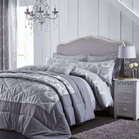 Catherine Lansfield Damask Jacquard Super King Duvet Set, Silver