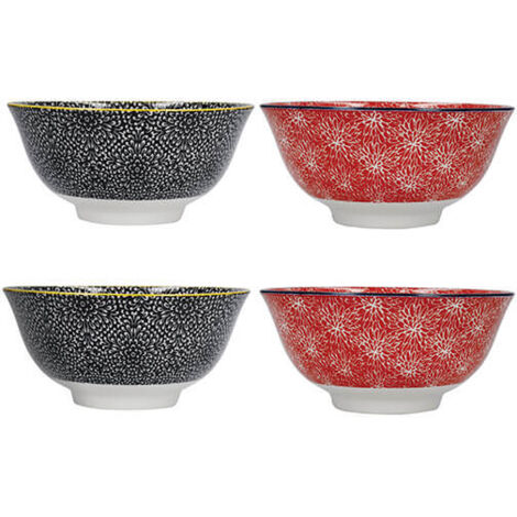 KitchenCraft Set of 4 Red and Black Design Ceramic Bowls