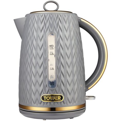 Tower T10052GRY Empire 1.7 Litre Kettle with Rapid Boil, Removable Filter, 3000W, Grey with Brass Accents