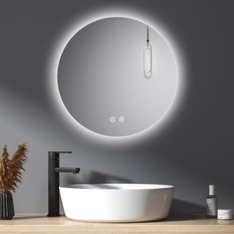 EMKE OLM03 Miroir de salle de bain rond LED avec rétro-éclairage sans cadre  Interrupteur tactile, Lumière Blanche Froide/Chaude/Neutre, Diamètre 80cm