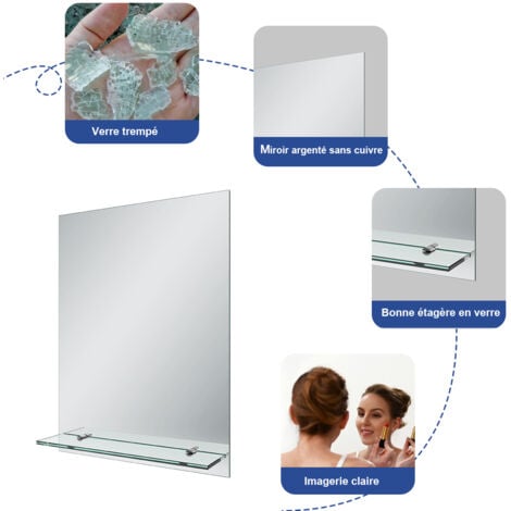 Meykoers Miroir de salle de bain 50x70 cm Miroir Mural avec Étagère en verre