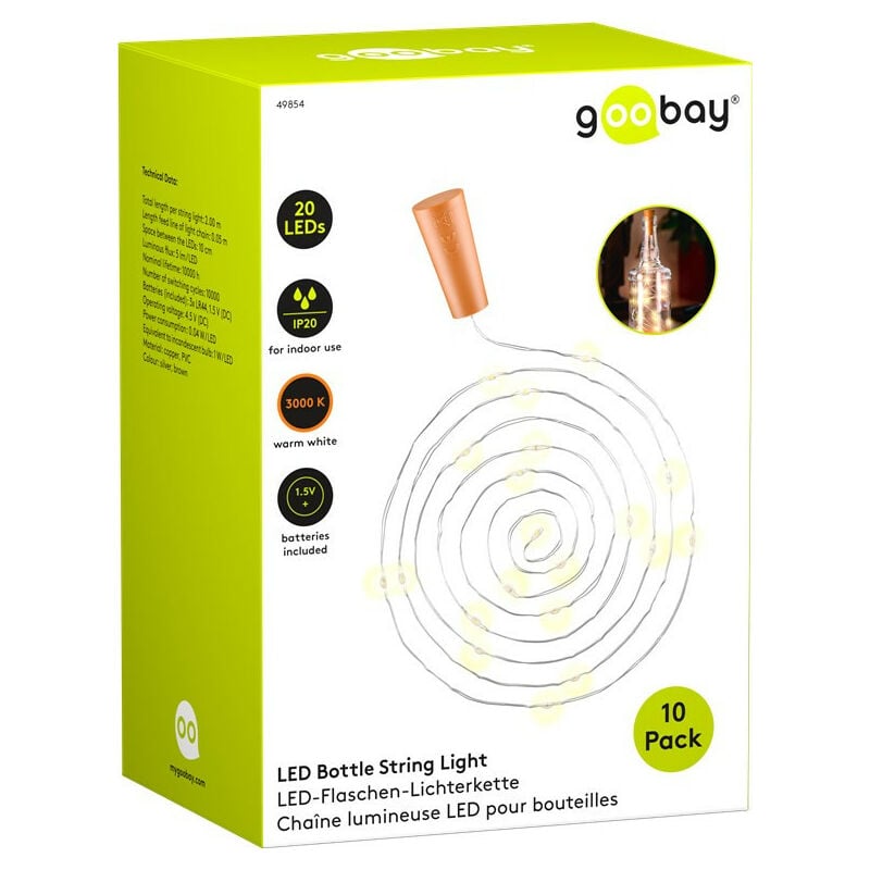 goobay Chaîne lumineuse de 10 x 20 LED pour bouteilles, Décoration lumineuse  d'ambiance pour des