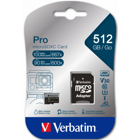 Verbatim Pro U3 Carte mémoire microSDXC 512 Go Classe 10 UHS-I (U3) Noir (47046)