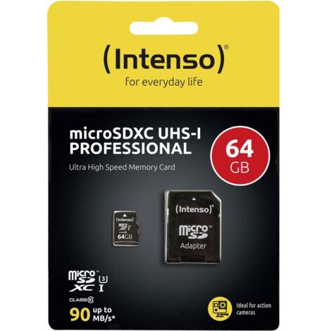 Intenso Carte mémoire Professional microSDXC 64 Go + Adaptateur, Classe 10, UHS-I U3, V30 Noir