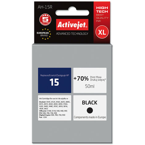 Activejet AH-15R - Dye-sublimation ink - Noir - (HP) DeskJet 3810 - 3816 - 3820 - 3822 - 810C - 812C - 816C - 825C - 825cux - 840C - 841C - 842C - 843C,... 1 pièce(s) - Dye-sublimation printing - Rend