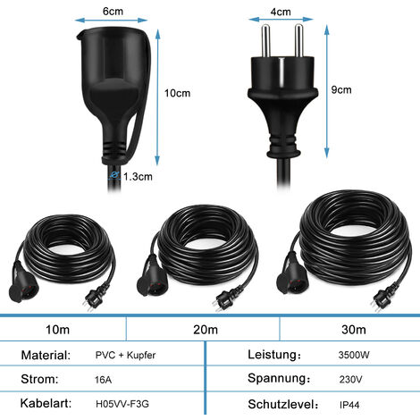 Froadp 10m Verlängerungskabel 230V Verlängerung Stromkabel mit Euro-Stecker und Schutzkappe IP44 Baustellenkabel Outdoor Kabelverlängerungen für Innenbereich und Außenbereich