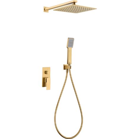Imex – Ensemble de douche encastré monocommande – Finition or brossé – Pommeau rond 200mm – Acier laiton – Installation encastrée