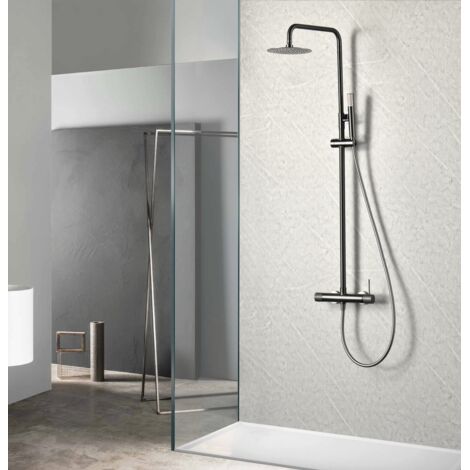 IMEX Set douche murale en acier inoxydable et laiton finition black gun metal avec colonne extensible poignee monocommande pommeau extra-plat Ø20 cm anticalcaire modele LINE (1/3)