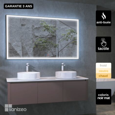 Miroir Salle de Bains Lumineux SUIZA Anti-Buée et Éclairage Frontal Triled Tactile On/Off Noir Mat 140x80cm by SANIZÉO