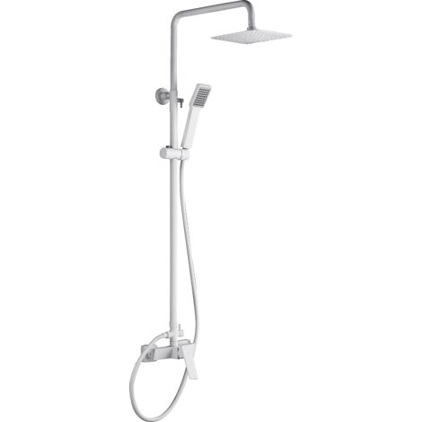 Imex – Colonne de douche monocommande blanche – Acier et laiton – Pommeau carré Ø20 cm – Flexible renforcé 1,5 m – Débit 12 l/min