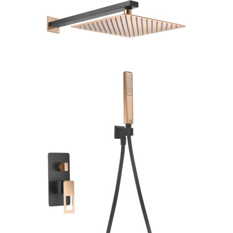 Imex – Colonne de douche encastrée noire et or rose – Mitigeur monocommande – Pomme de douche carrée 25x25cm – Installation facile