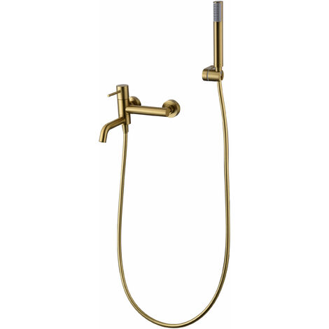 IMEX Miscelatore vasca-doccia oro spazzolato in ottone con tubo flessibile PVC 180 cm supporto doccia ABS maniglia rotonda cartuccia ceramica Ø35 mm finitura PVD modello Imex-BDM039-4OC Monza