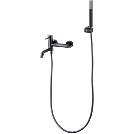 IMEX Miscelatore vasca-doccia nero canna di fucile in ottone con tubo flessibile PVC 180 cm supporto doccia ABS maniglia rotonda cartuccia ceramica Ø35 mm finitura PVD black gun metal - Modello Im