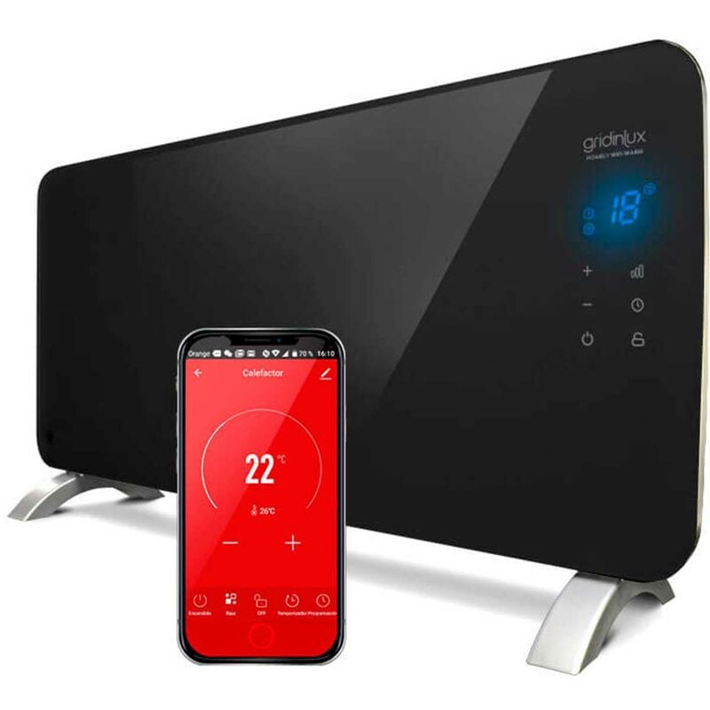 Radiador Eléctrico Convector Cristal 2000W Negro Calefacción WIFI APP Gridinlux