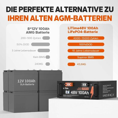 Timeusb 24V 100Ah LiFePO4 Batterie, integriertes 100A BMS, 2560Wh Lithium  Batterie, 10 Jahre Lebensdauer mit Klasse A LiFePO4 Zellen, perfekt für  Wohnmobil, Camper, Energiespeicher, Van, Off-Grid usw. : :  Elektronik & Foto