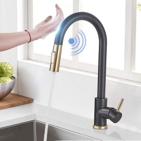 SUGUWORD Touch Sensor Wasserhahn Küche mit Ausziehbar Brause 2 Strahlarten  Mischbatterien Gebürsteter Gold und Schwarz 360° Drehbar Einhand für Küchen  Spüle