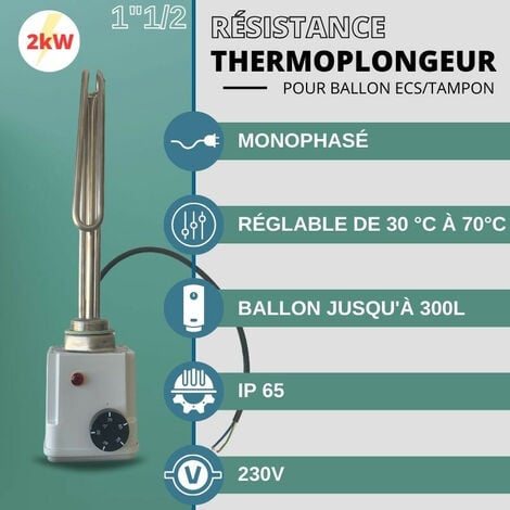 Résistance Ballon échangeur - tampon - chauffe-eau solaire - Thermoplongeur - raccord 1"1/2  - 2 kW - 230 V