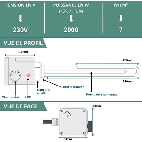 Résistance Ballon échangeur - tampon - chauffe-eau solaire - Thermoplongeur - raccord 1"1/2  - 2 kW - 230 V