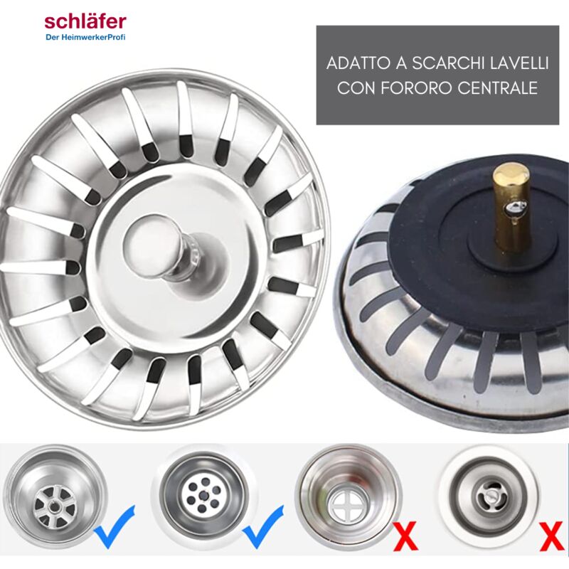Tappo Filtro Per Lavello Cucina 80 Mm In Acciaio Inox – 2 In 1, Con 18 Fori Di Drenaggio E Guarnizione Antigoccia, Modello 79349