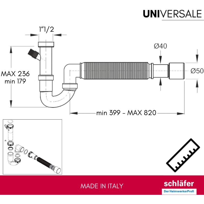 Uzman Sabbia 80 Doppio Sifone Con Tubo Flessibile, Doppio