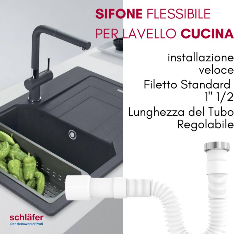 Sifone per Lavello/Lavabo/Cucina a S, Tubo Scarico in PVC 11/2 x ø40mm  Bianco