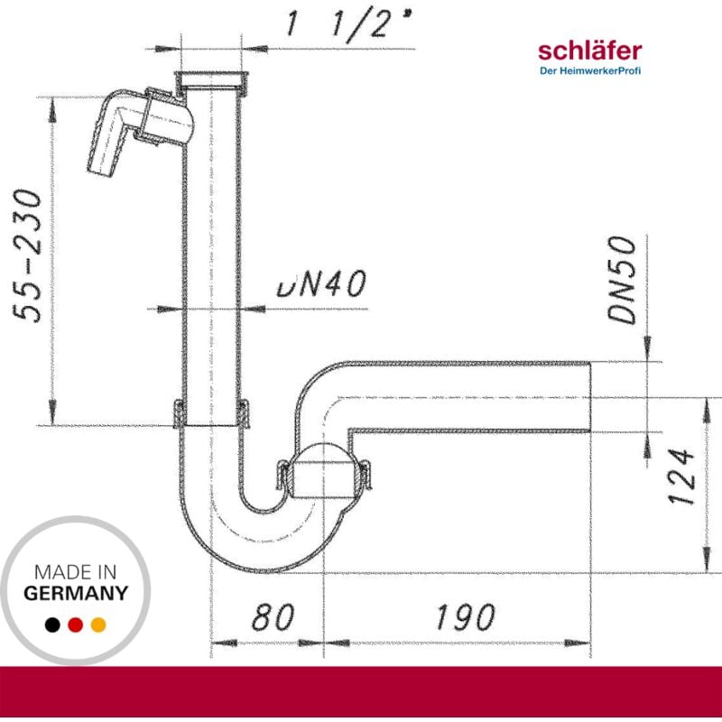 Schläfer 4395016 - Sifone Lavello a S con attacco lavatrice, lavastoviglie  ghiera 1 1/2 e 1 1/4 PP tubo scarico parete diam. 50 mm