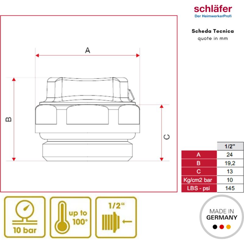 Schläfer 7046115 - Valvola di sfiato scarico sfogo per termosifone 1/2 con  tappo laterale autosigillante in ottone