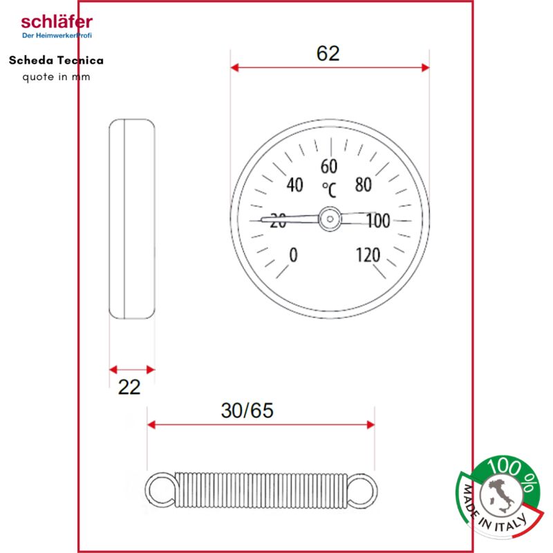 6 Termometri Bimetallici A Molla Per Tubi 0-120°C - Per Caldaie, Caminetti, Riscaldamento - Diametro 63 Mm