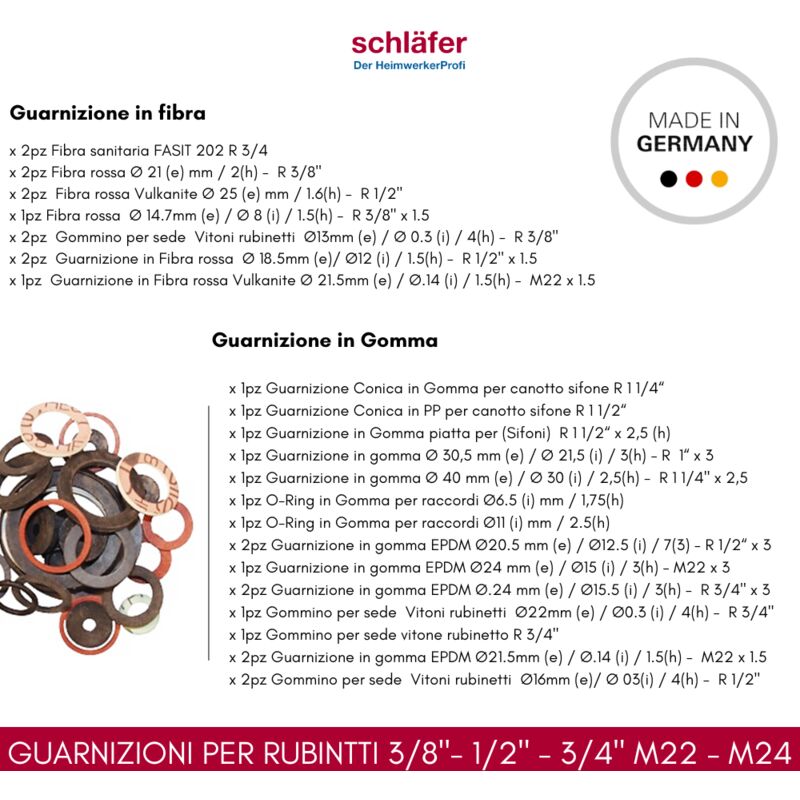 Schläfer 186510 - Kit Guarnizioni idrauliche miste in gomma e fibra varie  misure, in gomma e fibra Confezione 30 Pz.