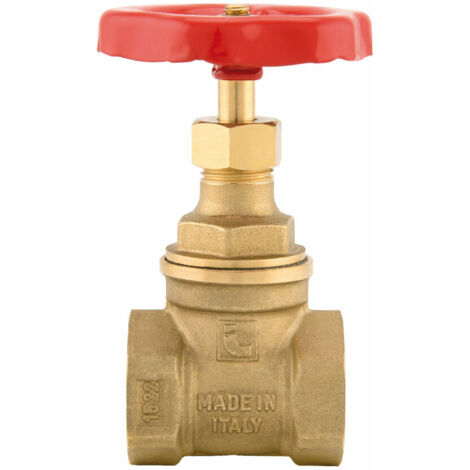 Schläfer 933005  Valvola a Saracinesca Universale in Ottone 1 1/4 pollice DN 32 Femmina Femmina, Volantino Rosso in Alluminio e Bullone di bloccaggio, Filettatura Interna, Bar PN16. Made in Italy