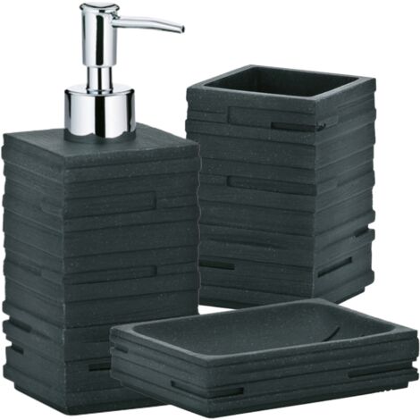 Schläfer 285100 Set Bagno con Dispenser Portasapone, Portaspazzolino e Portasaponetta, Accessori in Resina Effetto Pietra Naturale Grigio Antracite, 3 Pezzi