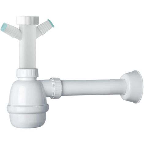 Schläfer 4395320 Sifone Universale a Fiasco per Lavelli 1"1/2 con Doppio Attacco Lavastoviglie, Uscita Diam. 40mm x L. 250 mm, Entrata da L. 130 mm, Scarico Ispezionabile, Bianco.
