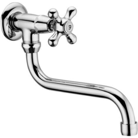 Schläfer 3460210 Rubinetto Cucina a Muro Singolo per Lavello con manopola Vintage Rubinetto a Parete Acqua Fredda per Lavatoio, Rubinetto da Parete 1/2 Antico Beccuccio girevole a S 200mm, Cromo